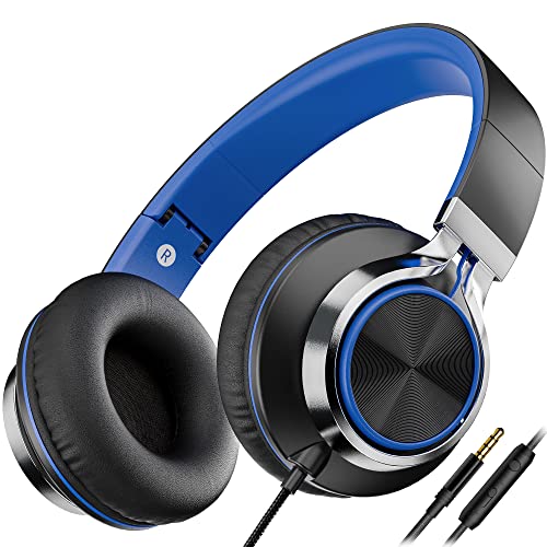 AILIHEN C8 Wired Headphones with Microphone and Volume Control Folding Lightweight Headset for Cellphones Tablets Chromebook Smartphones Laptop Computer PC Mp3/4 (Black/Blue)
