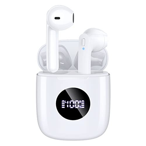 Bluetooth Headphones V5.3 Wireless Earbuds 50 Hrs Battery Life with Wireless Charging Case & LED Power Display Deep Bass IPX7 Waterproof Earphones Microphone Stereo Headset for iPhone & Android, White