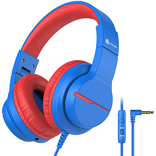 iClever HS19 Kids Headphones with Microphone for School, Volume Limiter 85/94dB, Over-Ear Girls Boys Headphones for Kids with Shareport, Foldable Wired Headphones for iPad/Travel (Blue)