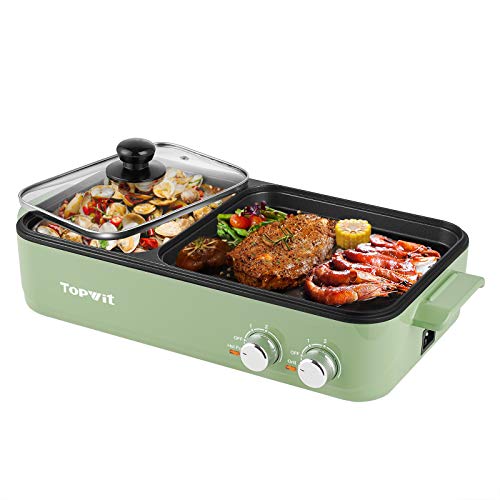 Topwit Electric Grill with Hot Pot, 2 in 1 Indoor Non-Stick Electric Hot Pot and Griddle for Korean BBQ, Steaks, Shabu Shabu and Noodles, Independent Dual Temperature Control, Fast Heating, Green