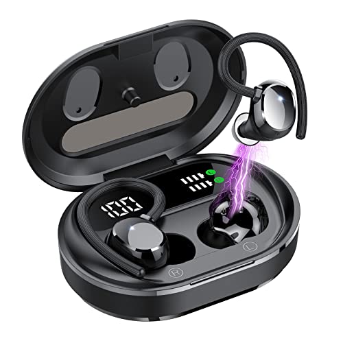 Ultralight Sport Bluetooth 5.3 Headphones, Wireless Earbuds with Dual LED Battery Display 30Hrs Playtime, IPX7 Waterproof Wireless Headphones with Earhooks, Built-in Mic Earphones for Gym Black