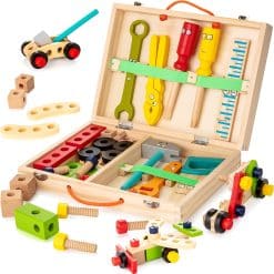 KIDWILL Tool Kit for Kids, 37 pcs Wooden Toddler Tools Set Includes Tool Box & Stickers, Montessori Educational Stem Construction Toys for 2 3 4 5 6 Year Old Boys Girls, Best Birthday Gift for Kids