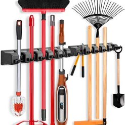 IMILLET 2 Pack Mop and Broom Holder, Wall Mounted Organizer Mop and Broom Storage Tool Rack with 5 Ball Slots and 6 Hooks (Black)