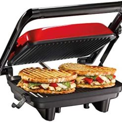 Hamilton Beach Electric Panini Press Grill with Locking Lid, Opens 180 Degrees for Any Sandwich Thickness, Nonstick 8" X 10" Grids, Red (25462Z)