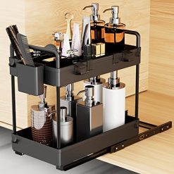 HEITICUP 2 Tier Under-Sink Organizers and Storage, Sliding Cabinet Basket Organizers, Pull Out Home Organizers with Hooks & Hanging Cups for Bathroom, Kitchen, Laundry Room, Black