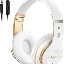 6S Wireless Bluetooth Headphones Over Ear, Hi-Fi Stereo Foldable Wireless Stereo Headsets Earbuds with Built-in Mic, Volume Control, FM for iPhone/Samsung/iPad/PC (White & Gold)