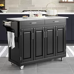 Home Styles Mobile Create-a-Cart Black Finish Four Door Cabinet Kitchen Cart with Gray Granite Top, Adjustable Shelving